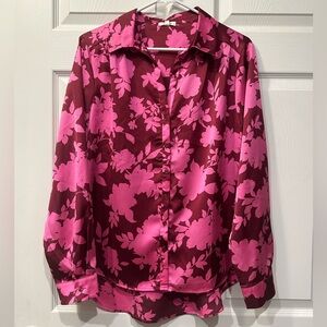 Pleione Pink and burgundy lightweight long sleeve button up blouse size large